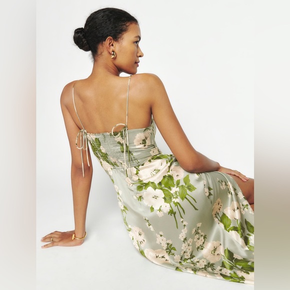 AUTHENTIC Reformation Marguerite Floral Green Sage Silk Dress - Picture 3 of 12